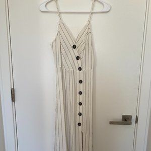 Urban Romantics Striped Sleeveless Linen Midi Wrap Dress with Slit